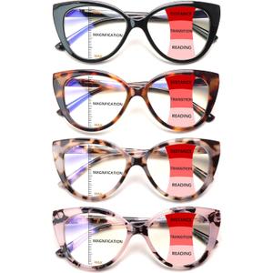 Progressive Multifocus Reading Glasses for Women Blue Light Blocking Spring Hinge Computer Multifocal Cat Eye Readers, 3.0 x