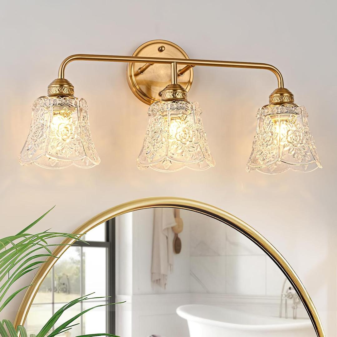 YUNICE 3 Light Bathroom Vanity Light Fixtures Brushed Gold Wall Sconce with White Glass Shade E26 Base Vintage Mirror Lights for Bathroom, Bedroom Antique Brass Wall Lamp, 3 light Glass flower Shade