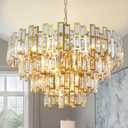Gold Crystal Chandelier Lighting Foyer Hall Entry Way Chandeliers Light Fixture for High Ceiling Sloped Pendant Hanging French Empire Style Round Large 31.5 inch