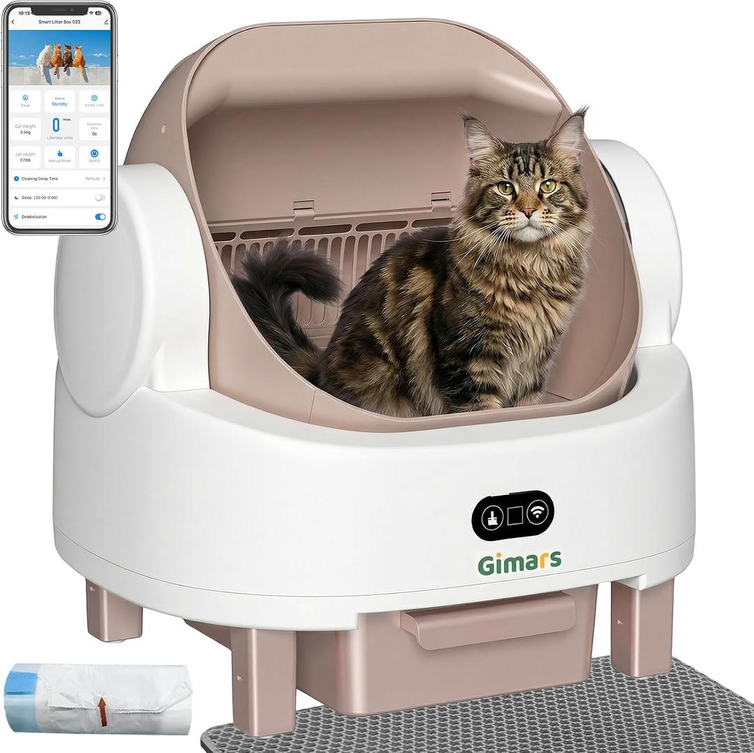 Gimars Open Top Design Self Cleaning Litter Box, Automatic Cat Litter Box for Multiple Cats & Senior Cats, App Control with Safety Sensors, Low Odor, Includes Trash Bags & Litter Mat