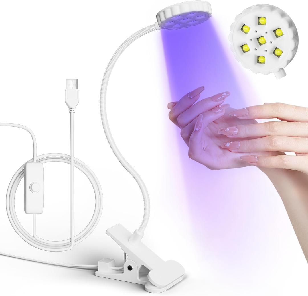 LIORA UV LED Nail Lamp with Clamp, Desk 6W Flexible Gooseneck Flash Cure Lamp Nail Dryer, Portable USB Gel Nail Light for Home DIY and Salon Manicure. (White)