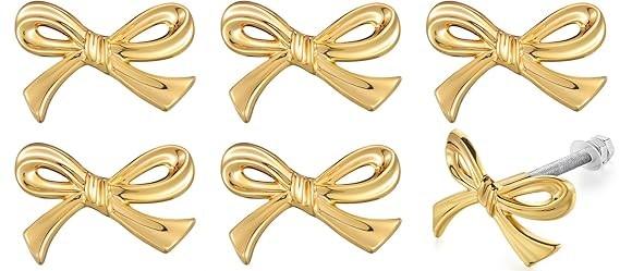 MorningRo 6  Pcs Bow Drawer Knobs Metal Bow Dresser Knobs Vintage Handles for Dresser Gold Handles for Home Bedroom Kitchen Cabinets Hardware Cupboard, 1.6 x 1 Inches