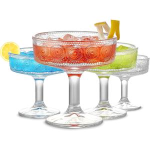 Mfacoy Vintage Coupe Glasses Set of 4, 7 oz Embossed Floral Martini Glasses, Unique Cocktail Galssware, Bar Drinking Glasses Set Pefect for Champagne, Cocktail, Martini,  Mfacoy Vintage Coupe Glasses Set of 4, 7 oz Embossed Floral Martini Glasses, Unique Cocktail Galssware, Bar Drinking Glasses Set Pefect for Champagne, Cocktail, Martini,