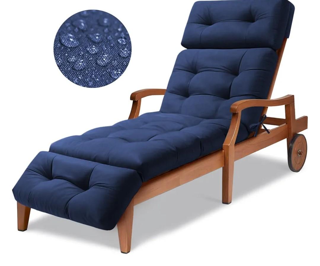 Waterproof Long Lounger Chair Cushion Outdoor Chaise Lounge Chair Cushions with Ties, Patio Recliner Thickened Lounge Chair Cushions for Indoor 59x 18 x 4.7 Inches, Cushion Only (Blue)