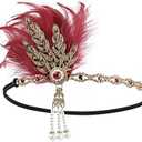 STIOEDYUAN Vintage 1920s Flapper Headband Great Gatsby Feather Headpiece Roaring 20s Leaf Tiara Hair Accessories For Women (Red)