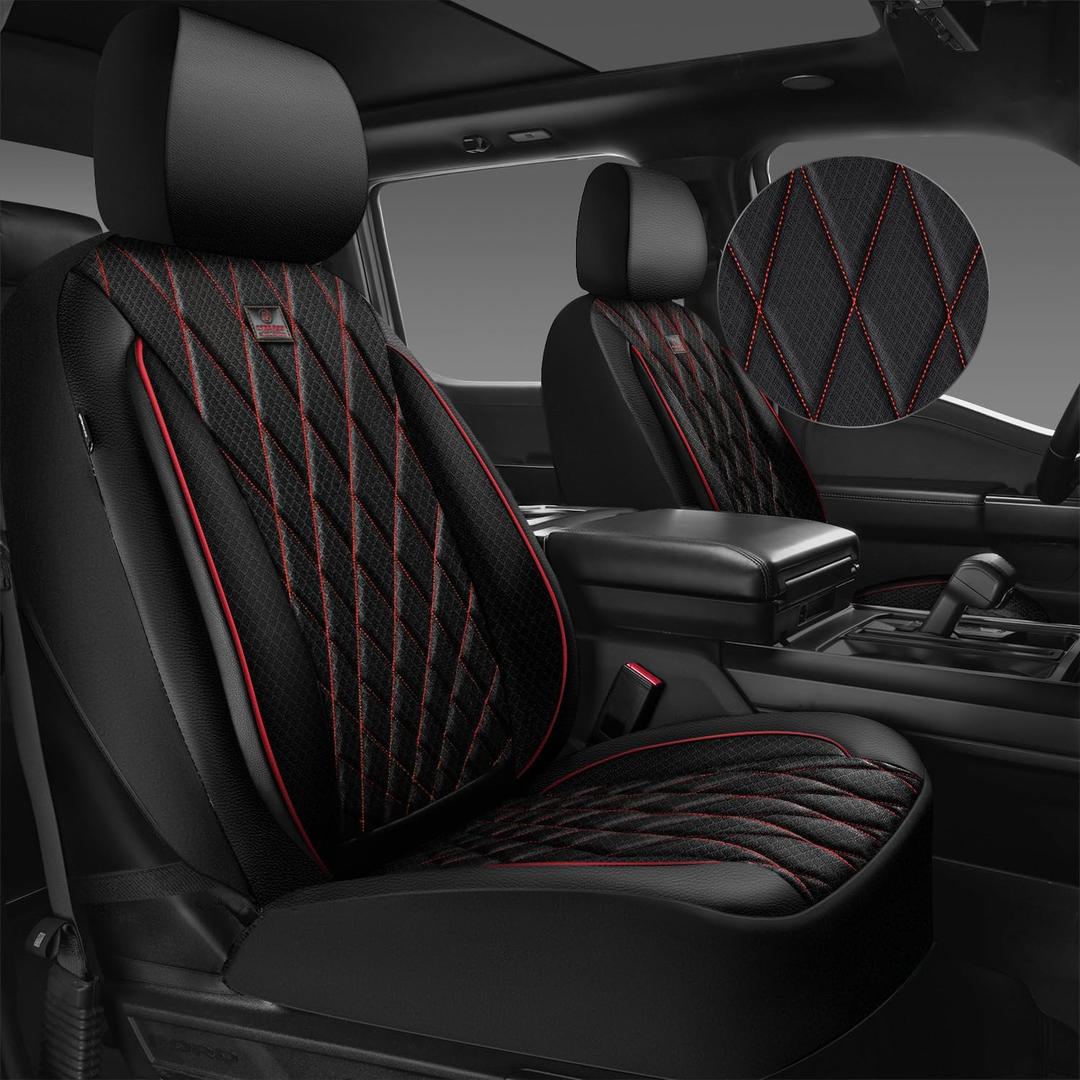 CAR PASS Thick Foam 3D Air Mesh Leather Car Seat Covers Front Seats Only, Breathable Premuim Leather Two Front Seat Cover, Airbag Compatible Universal Fit for 95% Sedan Van Truck SUV,Black and Red
