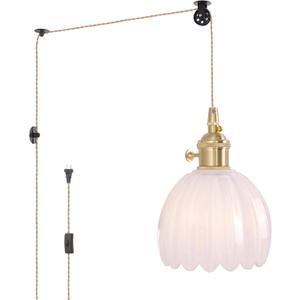 Mini Plug in Pendant Light Hanging Light Fixture Corded On/Off Switch Brass Pendant Light with White Tulip Glass Lampshade for Bedroom Living Room Kitchen Island (Plugin 1 pack)