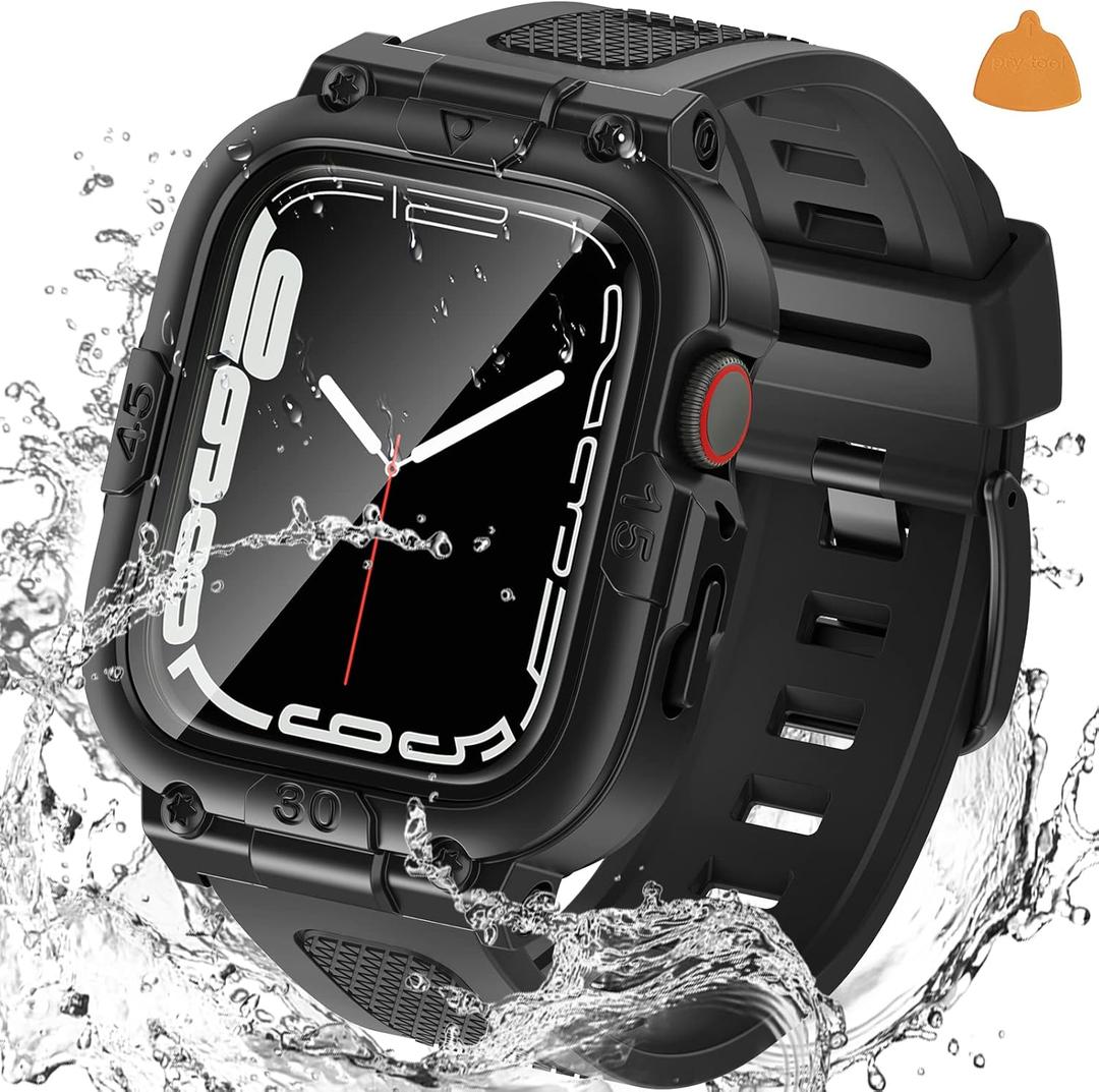 Goton 3 in 1 Waterproof Case and Band with Tempered Glass Screen Protector for Apple Watch Series 10 9 8 7 6 5 4, Apple Watch Ultra 2, Ultra, SE2, SE, Protective Bumper Cover Soft Band (Black)
