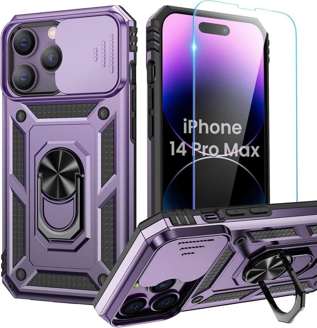 Goton Only for iPhone 14 Pro Max Case with Screen Protector - Slide Camera Cover with Ring Stand, Heavy Duty Military Grade Shockproof Rugged Accessories for iPhone 14Promax Dark Purple