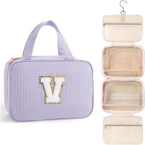 TOPEAST Travel Toiletry Bag for Women - Hanging Toiletry Bag Makeup Bag, Portable Toiletries Cosmetic Bag, Airplane Travel Essentials - Letter V, Purple