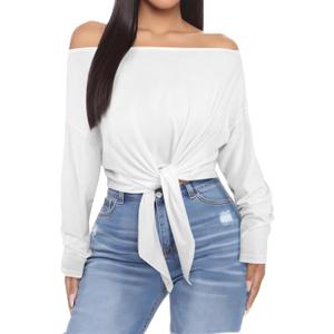LovelyWholesale Womens Off The Shoulder Tops Tie Front Cropped Sexy Long Sleeve Shirts (Small, White)