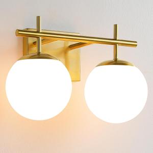 AIJIASI Gold Vanity Light, 2-Light Bathroom Lighting Fixtures Over Mirror Milky White Glass Globe Shades, Modern Vanity Lighting Fixtures Wall Sconce 14 Inch (Exclude E26 Bulb)