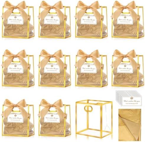 Tenare 12 Pack 4×2.8×4.5 Inch Easter Mini Clear Plastic Gift Bags with Handles Wedding Extra Small Transparent Party Favor Bags Bulk with Ribbon Tissue Paper for Easter Party Supplies(Gold)