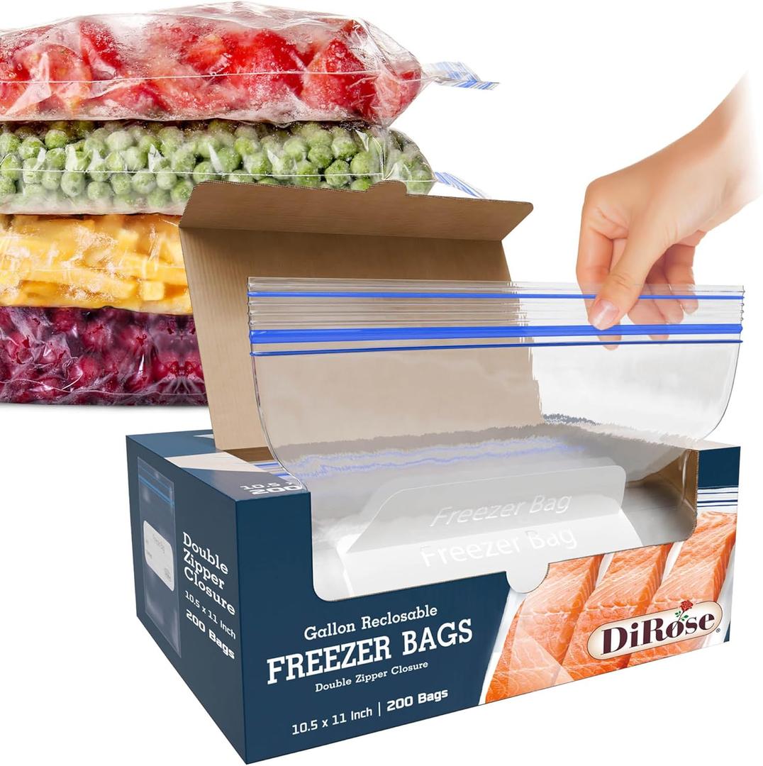 DiRose Reclosable Freezer Bags - 1 Gallon Size (200 Pack) | Double Zipper, Airtight Seal, BPA-Free, Premium Thick Heavy-Duty Bags for Safe and Secure Food Storage
