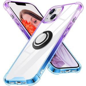 Ring Holder Series Case Designed for iPhone 13 6.1 Inch, Clear Cute Slim Colorful Bumper Protector Phone Stand Cover Support Magnetic Car Phone Mount (Purple Blue)