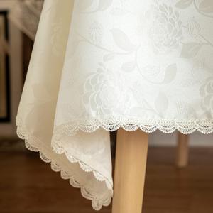 Textured Tablecloth Waterproof Spillproof Lace Trim Rectangle Jacquard Fabric Table Cloth, Kitchen Dinning Tabletop Decoration, Round Table Cover for Outdoor Use 55 x 70 Inch, Ivory White
