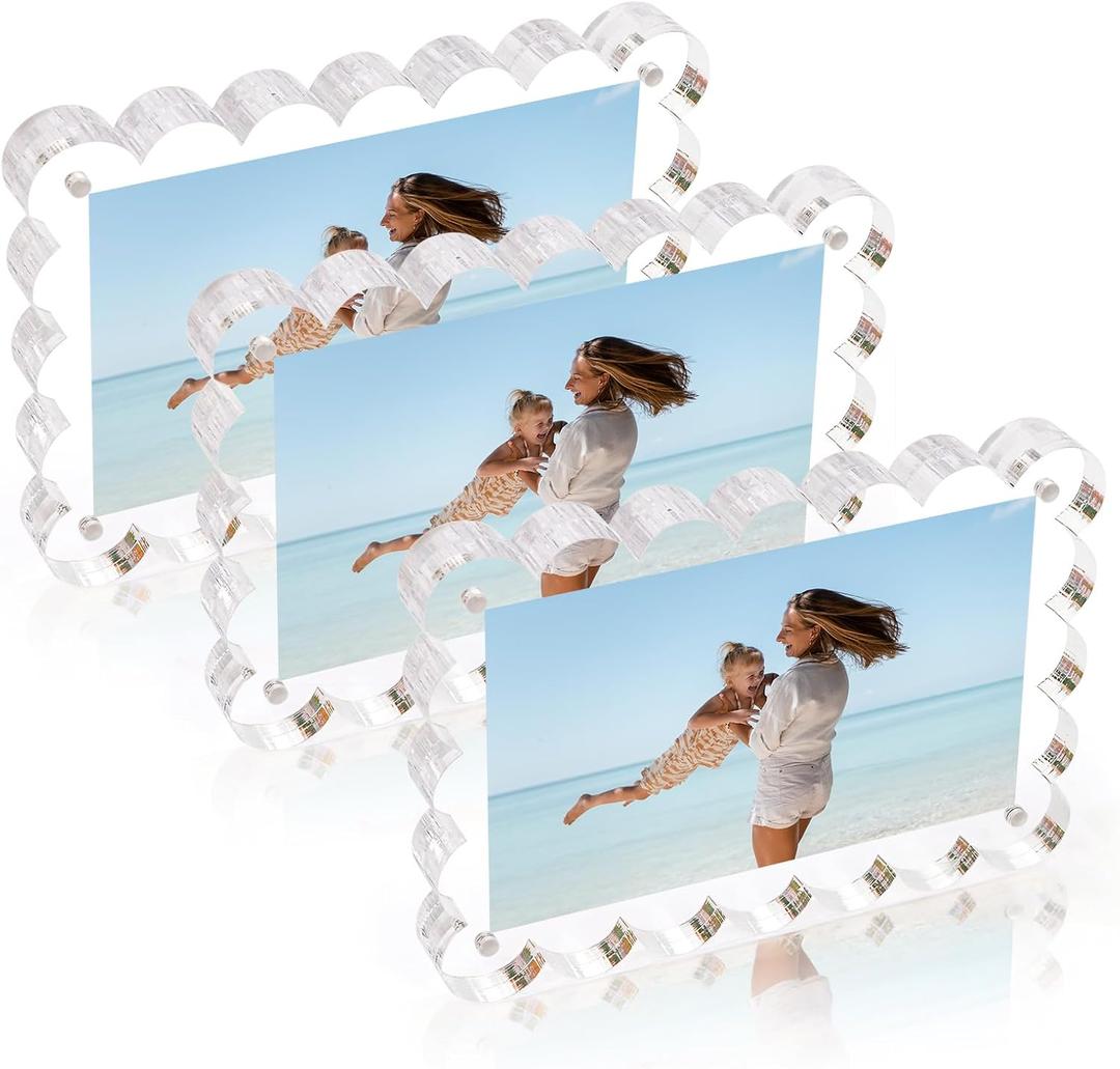 3 x 3 Pack Acrylic 4x6inch Magnetic Picture Frame,Double Sided,10+10mm Thick Block,Picture Frames Acrylic Photo Scalloped Frames Freestanding Gifts for Desk,Fridge, Locker,Office Cabinet(Clear,4x6)
