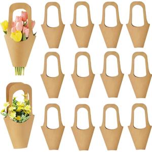 Enorteen 30 Pcs Kraft Paper Flower Wrapping Paper Gift Bags with Handle - Bouquet Gift Bags for Thanksgiving, Birthday, Wedding & Party Favors