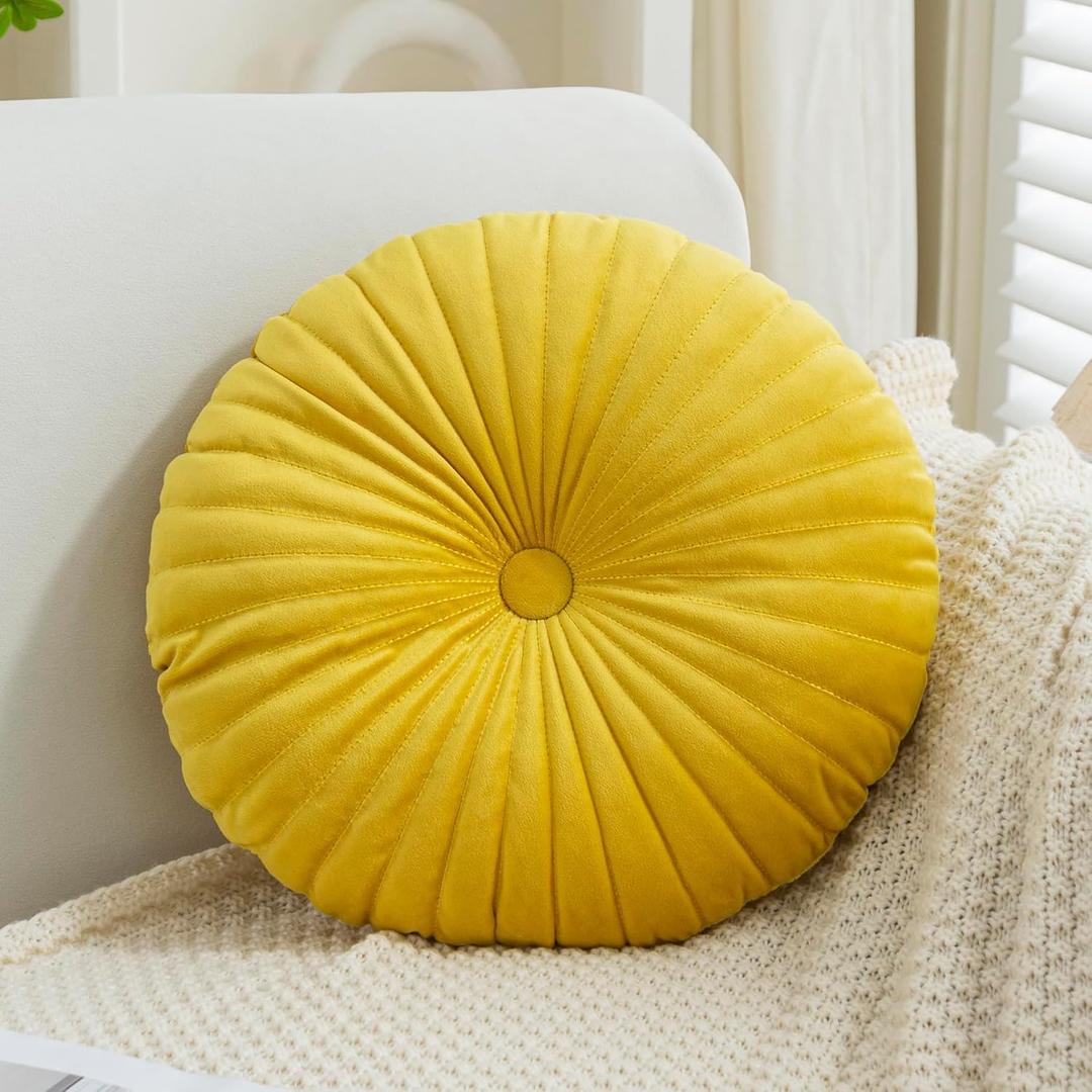 Velvet Round Throw Pillow Pleated Round Pillow Cushion Decoration for Couch Chair Bed Car Yellow