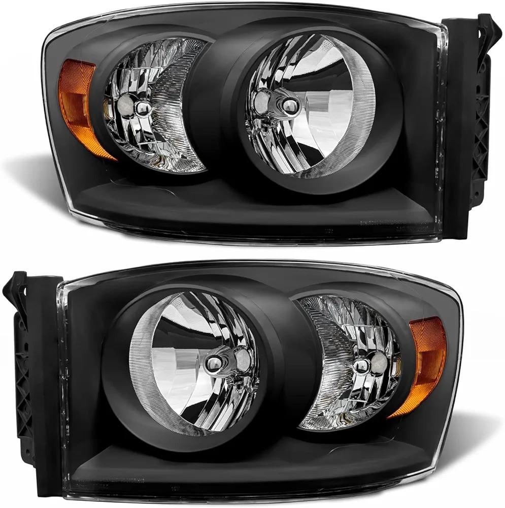 Headlight Assembly Compatible with 2006-2008 Dodge Ram 1500/2007-2009 Dodge Ram 2500 3500 Black Housing Amber Reflector Driver and Passenger Side
