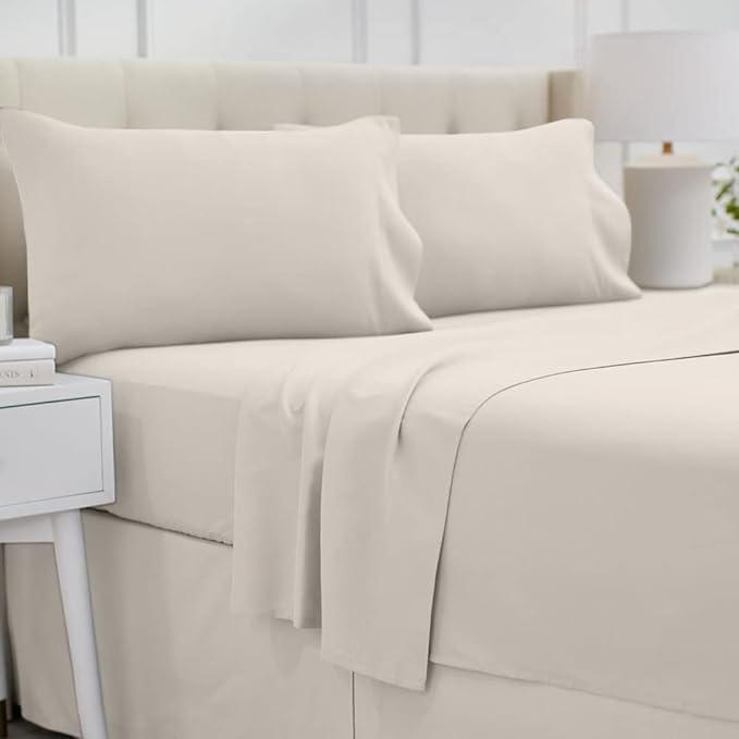 LalaLOOM Queen Bed Sheet Set, Soft Microfiber Hotel Luxury Bedding, Extra Deep Pocket, 4 Piece Sheets and Pillowcase Sets, Breathable Wrinkle, Fade Resistant, Easy Care Machine Washable Linen, Cream