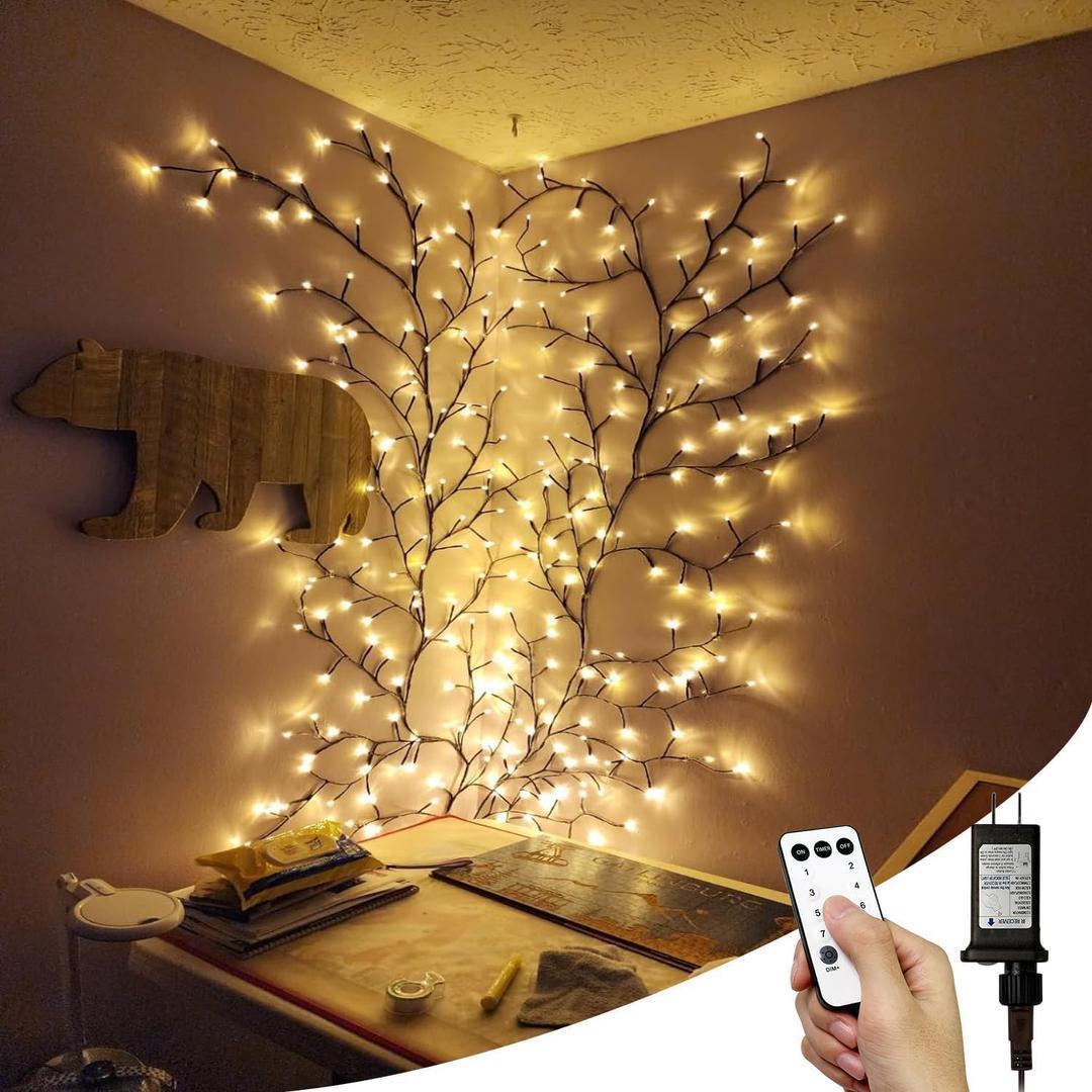 Enchanted Willow Vine Lights with Remote, Christmas Swags Decorations Indoor Room Decor, 18 Branches 144 LEDs Lighted Willow Vine Lights for Walls Bedroom Home Decor (Brown)