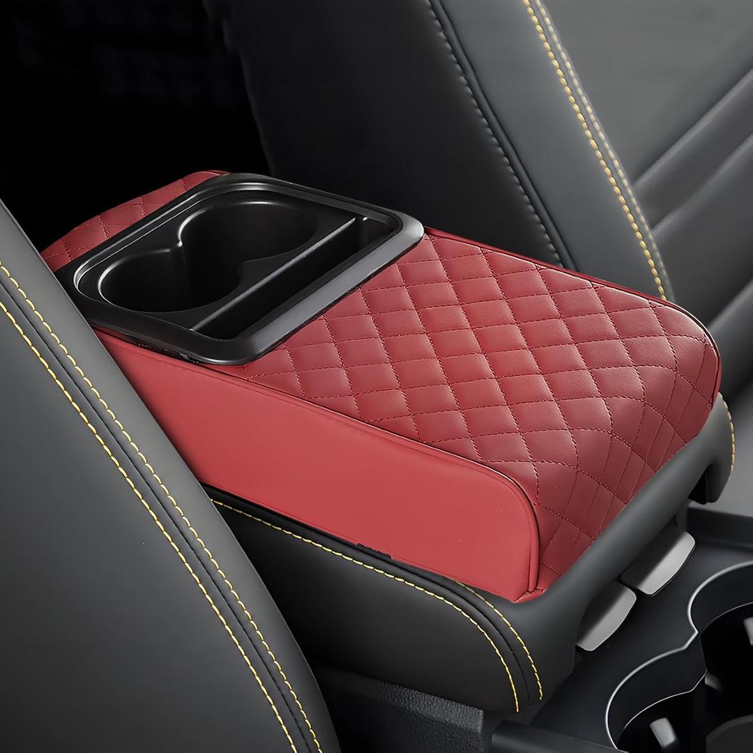 Car Center Console Armrest Pillow, 13.19"7.87" Leather Car Arm Rest Cover, Memory Foam Auto Armrest Cushion with Cup Holder Phone Slot, Universal Vehicle Middle Console Cushion Pad (Wine Red)
