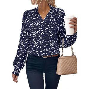 Astylish Women's Trendy Polka Dot Alicia Floral Blouses Long Sleeve Shirts Chiffon V Neck Bohemian Collared Tops (XXL)