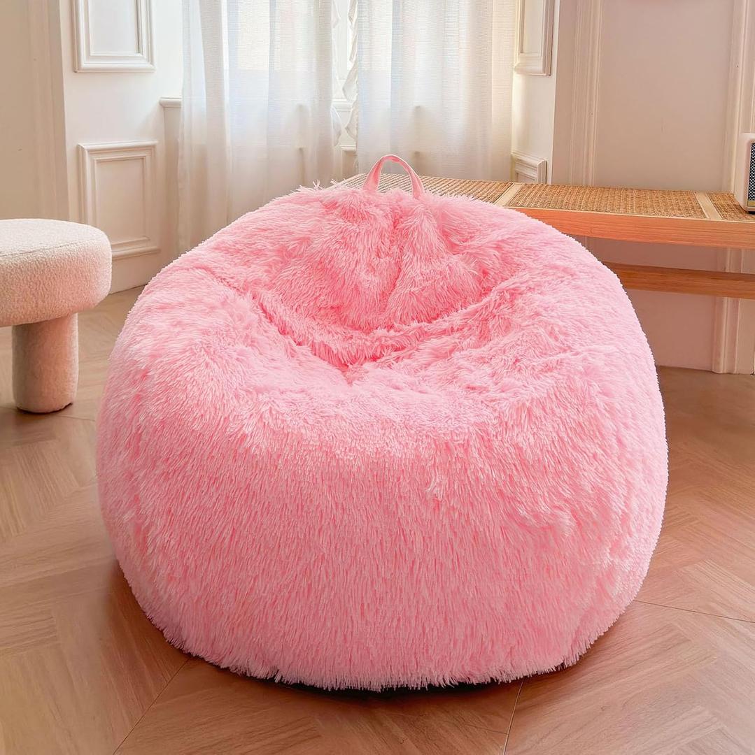 XeGe Kids Soft Fluffy Faux Fur Bean Bag Chair Cover(No Filler), Pink, Small