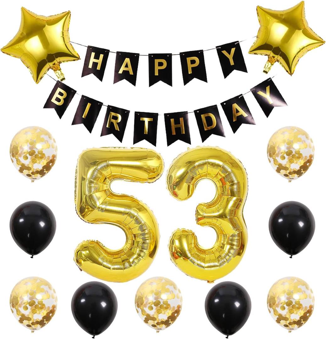 Chaungfu53 Birthday Party Supplies Gold Number 53 Foil Balloon Happy Birthday Banner Kit 53th Birthday Decoration Black Gold Latex Confetti Balloon Foil Star Balloon Great Gift for Girls Boys Birthday