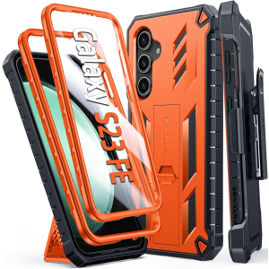 FNTCASE for Samsung Galaxy S23 Case : with Belt-Clip Holster & Kickstand Heavy Duty Rugged Shockproof Protective Phone Shell | Military Grade Protection Durable Cover for Galaxy S23 - Orange