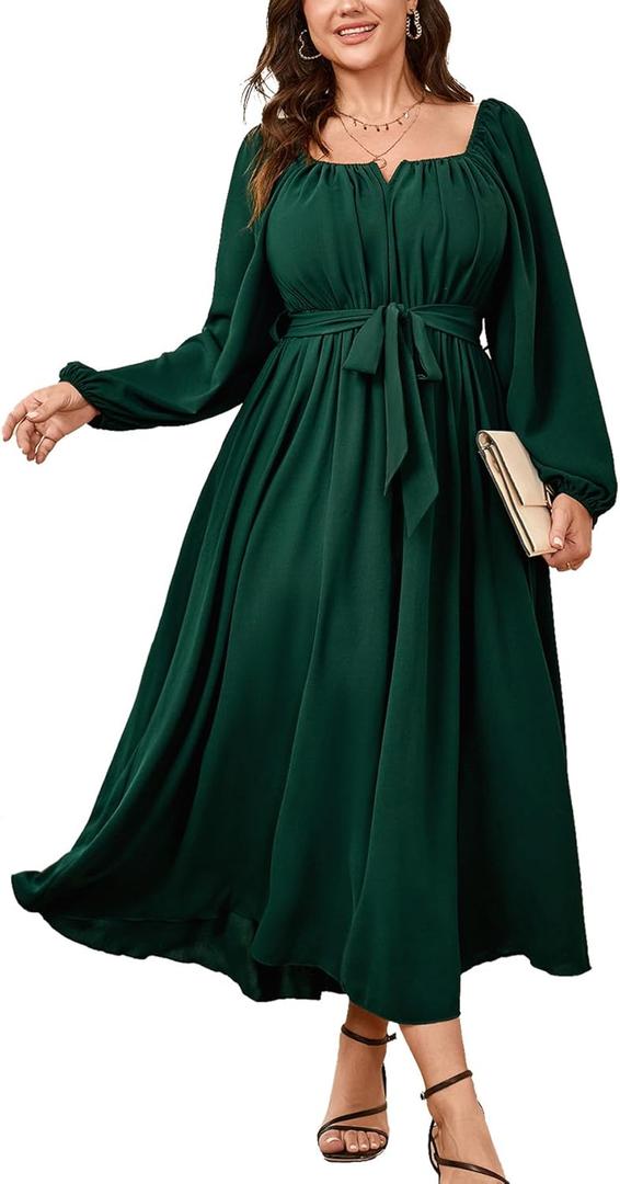 SCOMCHIC Women Plus Size Maxi Dress Long Sleeve Square Neck Wedding Guest Cocktail Belted Elegant Flowy A Line Long Dresses