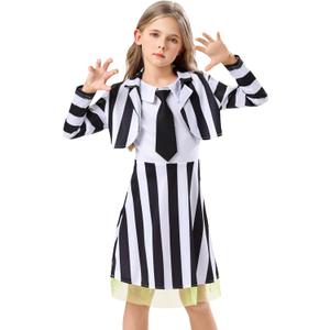 Girls Black White Striped A-Line Tank Dress with Blazer, Character Tank Dress Costume Set 5-14 Years for Halloween