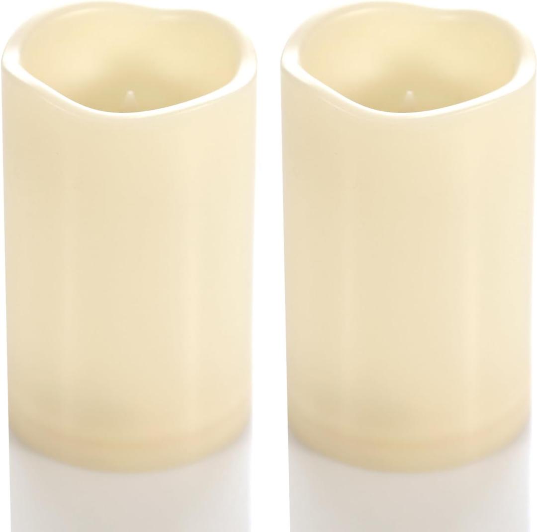 CANDLE CHOICE Waterproof Outdoor Battery Operated Flameless Candles with Timer Flickering Plastic Resin Electric LED Pillar Lights for Lantern Patio Garden Wedding Party Decorations 3x5 Inches 2 Pack (Cream White)