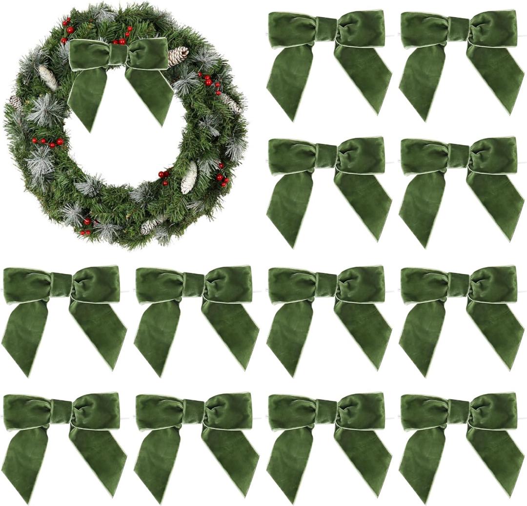 AIMUDI Sage Green Velvet Bows 4.5" for Christmas Tree, Wreaths, Gift Wrapping - Festive Winter Decor, Tree Garland, Swag, Wedding - 12 PCs