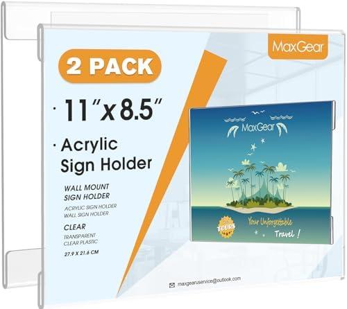 MaxGear 2 Pack Acrylic Sign Holder 8.5x11 with Double Sided Tape, Clear Plastic Door Wall Mount Sign Holder Document Flyer Poster Paper Acrylic Wall Frame for Office, Home, Store, Restaurant