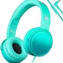 rockpapa Grade Wired Headphones with Microphone, Lightweight Foldable Stereo Bass Headphones with No-Tangle Cord & 3.5mm Jack for Adult/Kids, Laptop Tablet Airplane Chromebooks Teal
