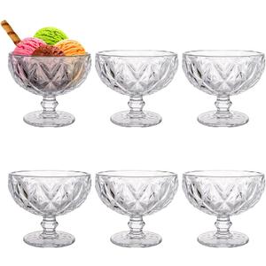 Lawei Set of 6 Glass Dessert Bowls, 12 Oz Footed Ice Cream Sundae Cups, Vintage Embossed Thick Dessert Dishes, Crystal Glass Serving Bowls for Parfait, Dessert, Snack, Cocktail, Cereal, Fruit