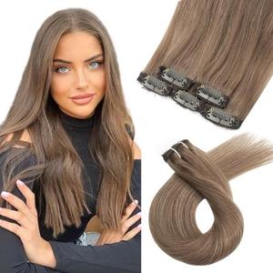 FUBILI Ash Brown clip in hair extensions Natural Remy Real Human straight Hair Extensions 30g 3pcs 16 Inch
