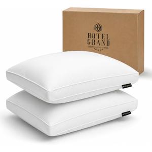 Hotel Grand Luxury Goose Feather & Down Fiber Pillows King Size Set of 2, Firm Support Gusseted Design, 100% Cotton Cover, No-Flat Fluffy Comfort for Side and Back Sleepers