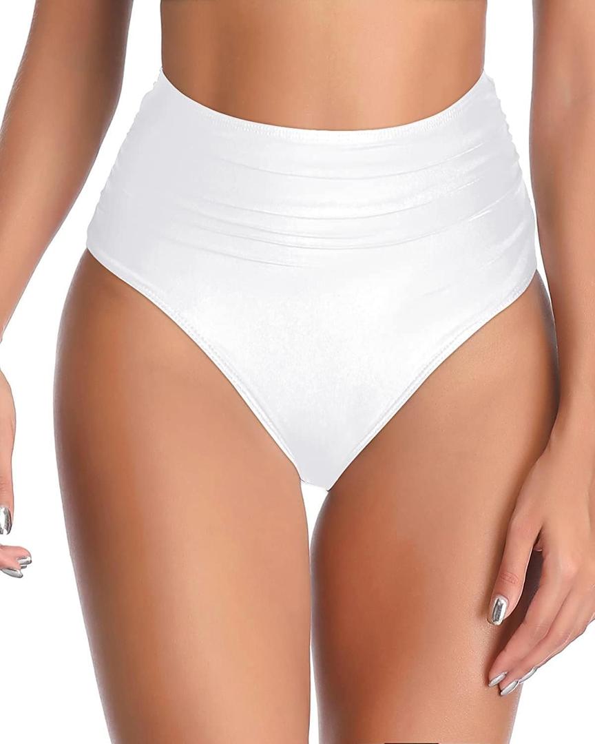 Tempt Me Women High Waisted Bikini Bottom Full Coverage Swimsuit Bottom (Small, White)