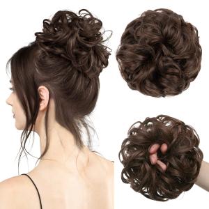 Large Messy Bun Hair Piece Wavy Curly Scrunchies Synthetic Chignon Ponytail Hair Extensions Thick Updo Hairpieces for Women Ginger Brown
