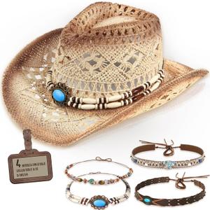 Straw Cowboy Hat Western Cowgirl Hat with Four Decorative Bands, Hat Size Fits 21 7/8 to 23, Wide Brim