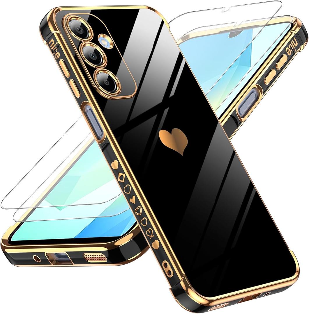 LeYi for Samsung Galaxy A16-5G Case: with Tempered Glass Screen Protector [2 Pcs]+ Full Camera Lens Protection,Love Heart Plating Cute Luxury Shockproof Case for Galaxy A16, Black