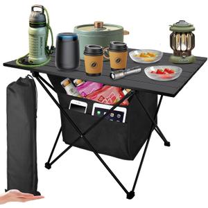 Foldable Camping Side Table, Ultralight Small Beach Table Aluminum, Portable Outdoor Table with Carry Bag and Storage for Picnic, Grill, Hiking, Fishing, Sand, Camping Essentials(L)