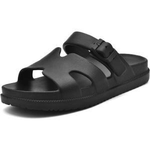 Women's Flat Sandals with Arch Support, Summer Beach Slides Adjustable Buckle, Comfort Lightweight Cushion Slip on H-Strap Sandal (7, Black)