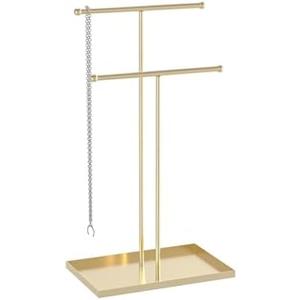 Coward 2 Tier Necklace Stand, Aesthetic Necklace Jewelry Holder, Home Decor Necklace Organizer Stand, Metal Necklace Bracelet Display Rack for Men Women (Gold)