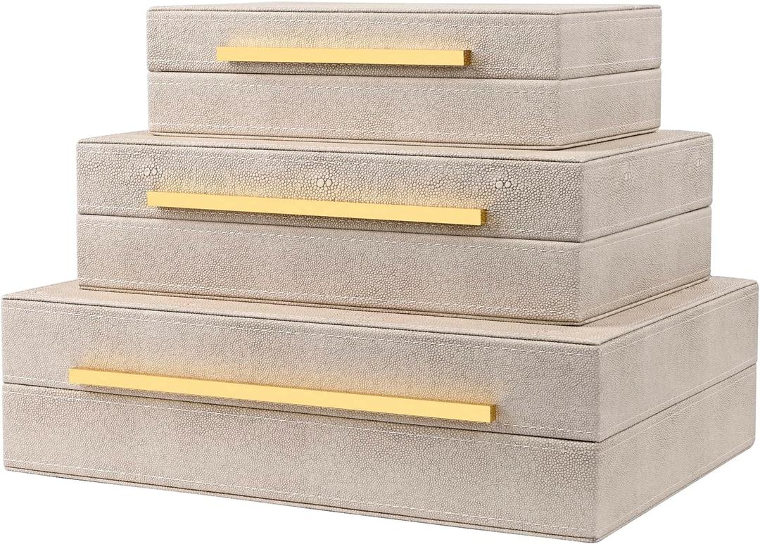Ivory Shagreen Box Set Of 3 Faux Leather Decorative Boxes, Large Modern Nesting Storage Decorative Boxes with Lids for Home Decor Stacking jewelry Box Organizer