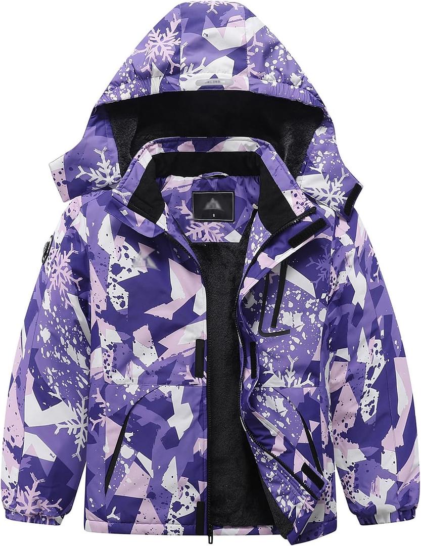 Kid's Ski Jacket Waterproof Winter Coat Boy's and Girl's Fleece Snowboarding Jackets with Detachable Hood (9-10, Purple)