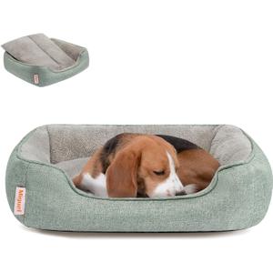 Miguel Faux Linen Dog Bed with Removable Cushion Pillow for Medium Small Dogs, Washable Pet Bed with Side Easy to Wash Puppy Bed, Rectangle Cat Bed for Indoor Cat with Anti-Slip Bottom, Green 30 Inch